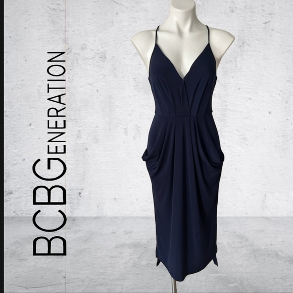 BCBGeneration Surplice Faux Wrap Midi Dress V-neck Blue XS - Picture 4 of 7